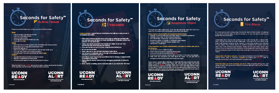 seconds for safety posters (active threat, evacuate, suspicious objects fire alarm)